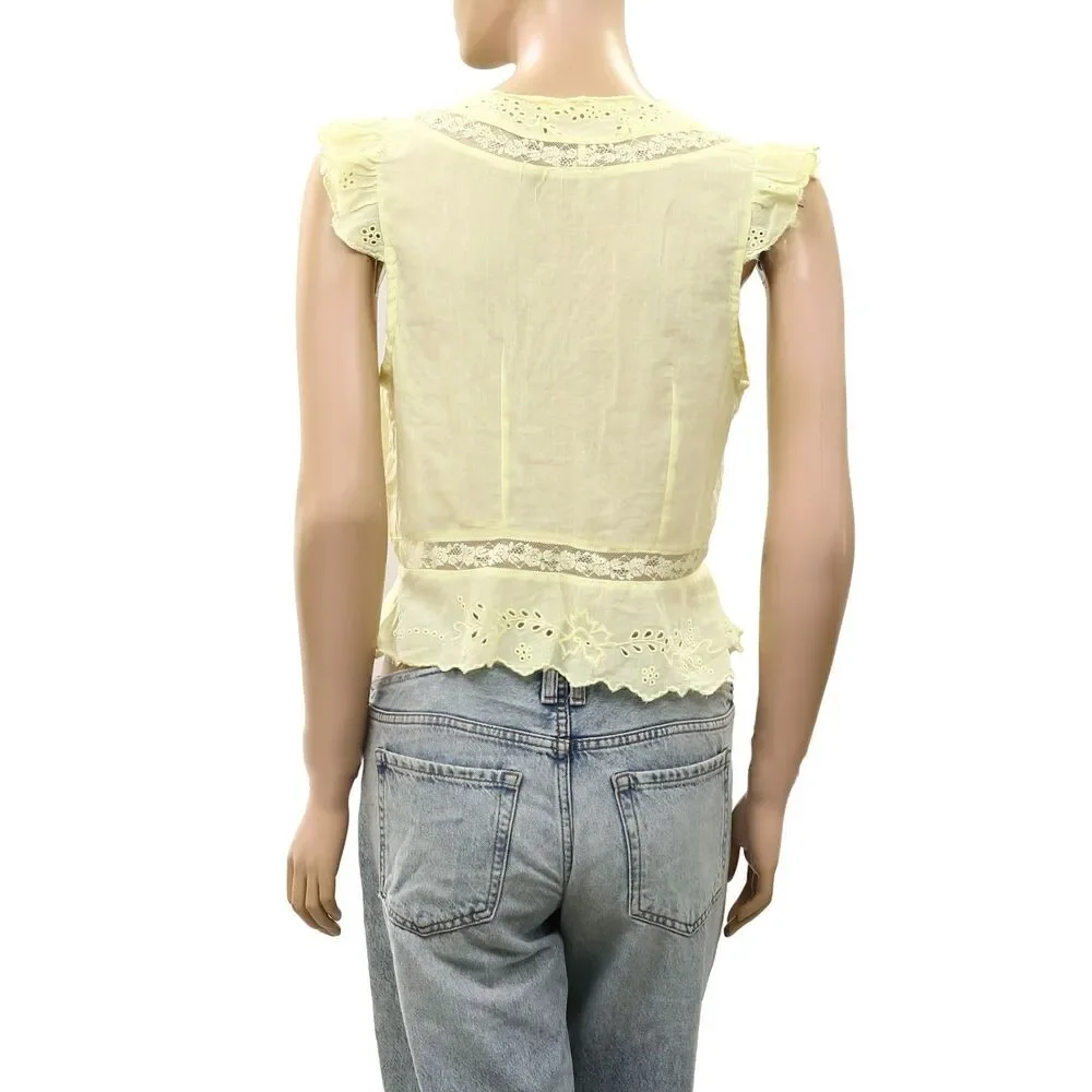Free People Day Dreamer Top Eyelet Embroidered Ruffle Sleeveless Lace L 290153